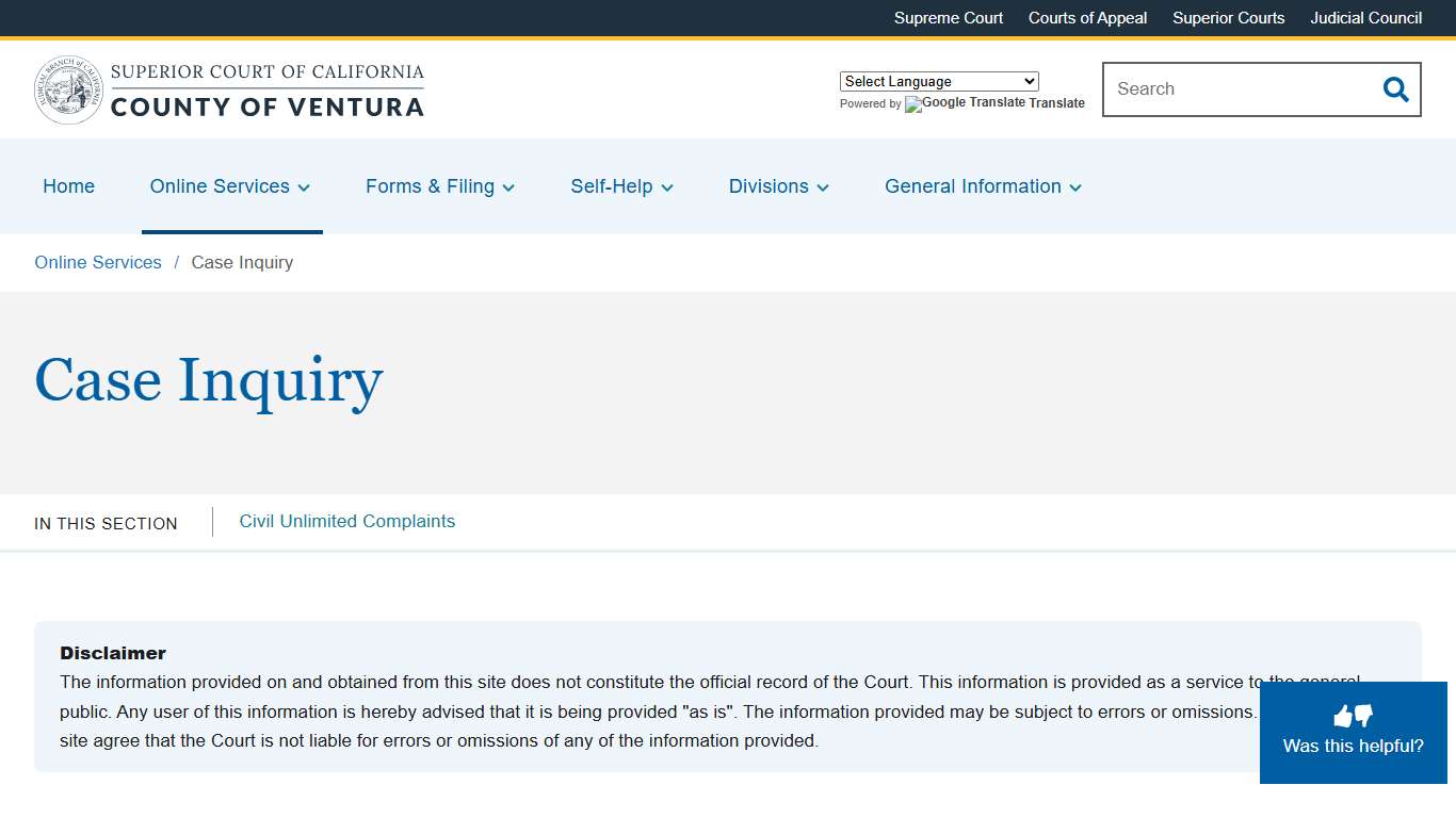 Case Inquiry | Superior Court of California | County of Ventura